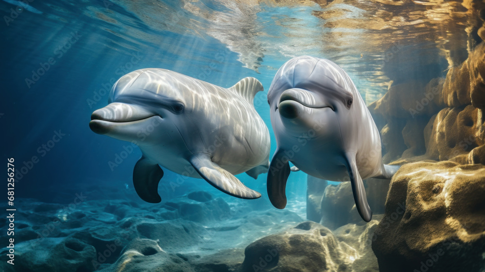 Obraz premium Two cute smiling dolphins swim underwater in sea, ocean under water life. Theme of wildlife, wild animal, travel, nature