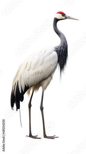 a red-crowned crane (Grus japonensis)  standing, full body, side view in a PNG, Nature-themed, isolated, and transparent photorealistic illustration. Generative ai © Purple Penguin GFX