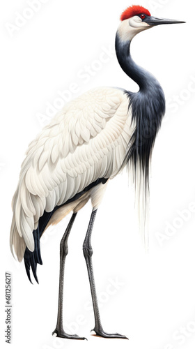 a red-crowned crane (Grus japonensis) standing, full body, side view in a PNG, Nature-themed, isolated, and transparent photorealistic illustration. Generative ai