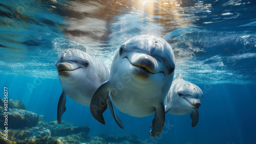Group of happy smiling dolphins swim underwater in sea, ocean under water life. Theme of wildlife, wild animal, travel, nature