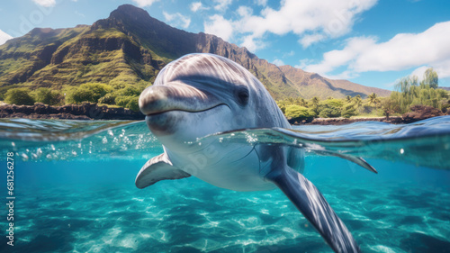 Cute dolphin swims in sea water, funny portrait of wild animal, ocean underwater life. Theme of wildlife, travel, nature © scaliger