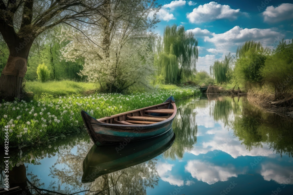 Beautiful Pond Background with wooden boat blue cloudy sky reflection in the water, beautiful natural cherry blossom tree Beautiful Pond Background with wooden boat blue cloudy sky reflection in the water, beautiful natural cherry blossom tree