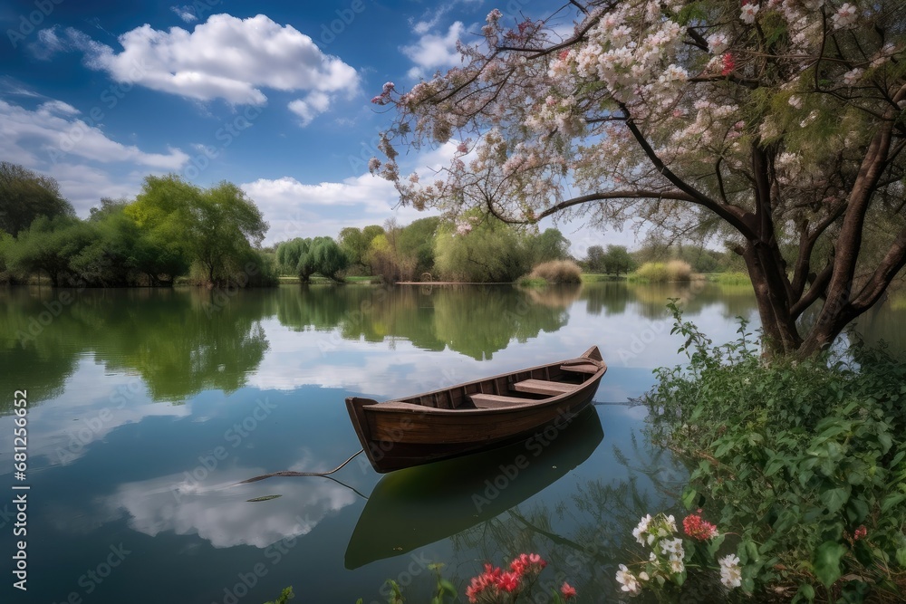 Beautiful Pond Background with wooden boat blue cloudy sky reflection in the water, beautiful natural cherry blossom tree