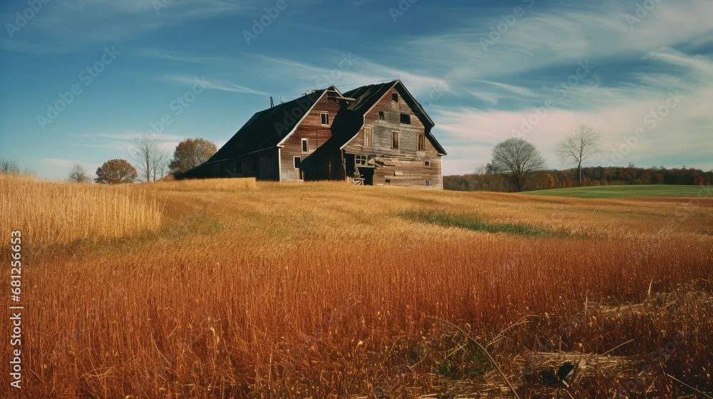 Rustic countryside farm with a weathered red barn with blue sky, rolling fields of golden wheat ready for harvest, Rustic countryside farm with a weathered red barn with blue sky, rolling fields of golden wheat ready for harvest,
