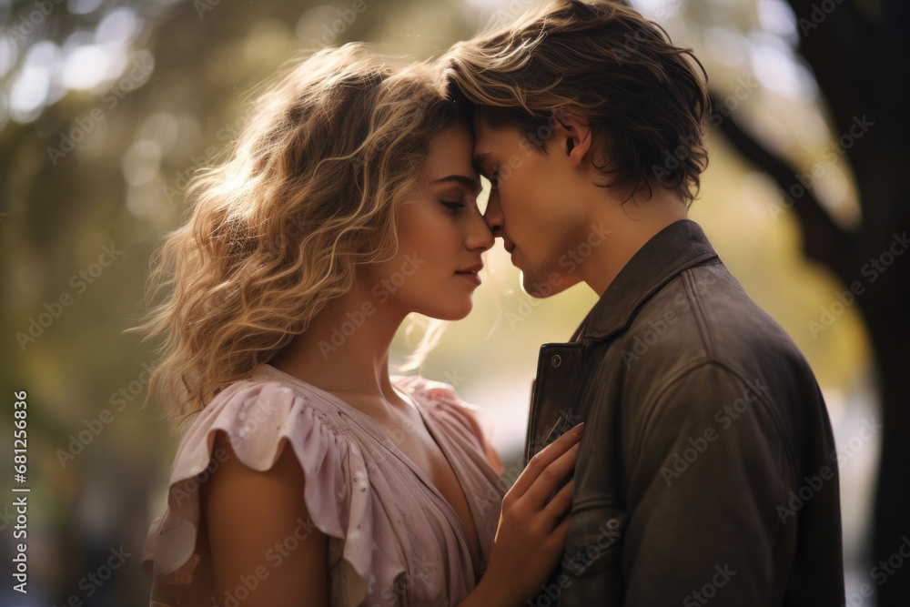 A young couple, one transgender, sharing a tender moment in a park. Concept of love and acceptance. Generative Ai. A young couple, one transgender, sharing a tender moment in a park. Concept of love and acceptance. Generative Ai.
