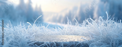 Winter white frost background. Frosted grass and shrubs in valley against forest mountain landscape. Atmospheric frost-covered dry plants during snowfall in the morning. photo
