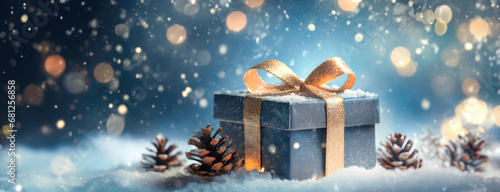 Gift box wrapped in black paper with golden ribbon on festive snow background. Black week Friday, Boxing Day. Copy space for text. © Igor Tichonow