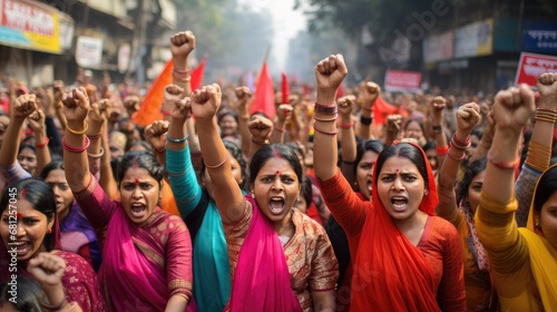 group of indian women with their fists raised at a demonstration. woman power photo