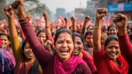 group of indian women with their fists raised at a demonstration. woman power photo