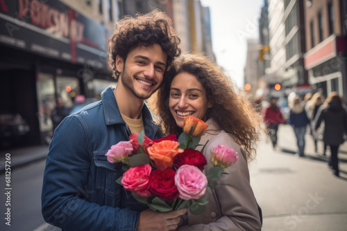 Young romantic couple on the street with a bouquet of flowers for Valentines day © Aevan