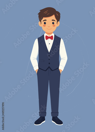 young man in suit and tie, young adult, prom, bowtie, tie, red bowtie, cute, vector art SVG, isolated on a blue background, blush cheeks, adorable, dressy attire