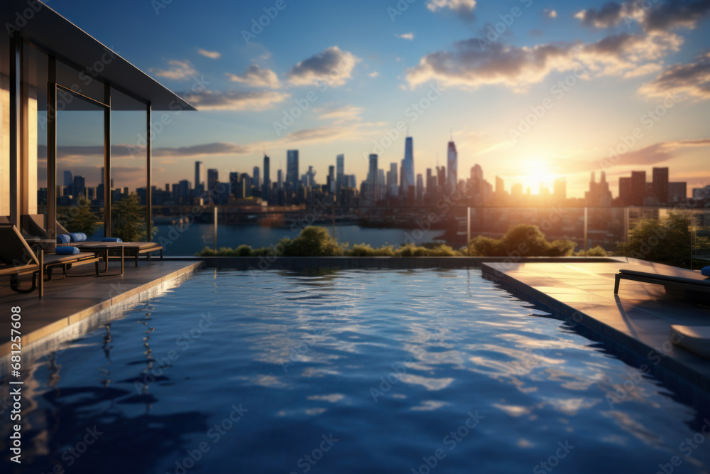 Fototapeta premium A rooftop pool with a stunning city skyline in the background. Concept of urban luxury. Generative Ai.