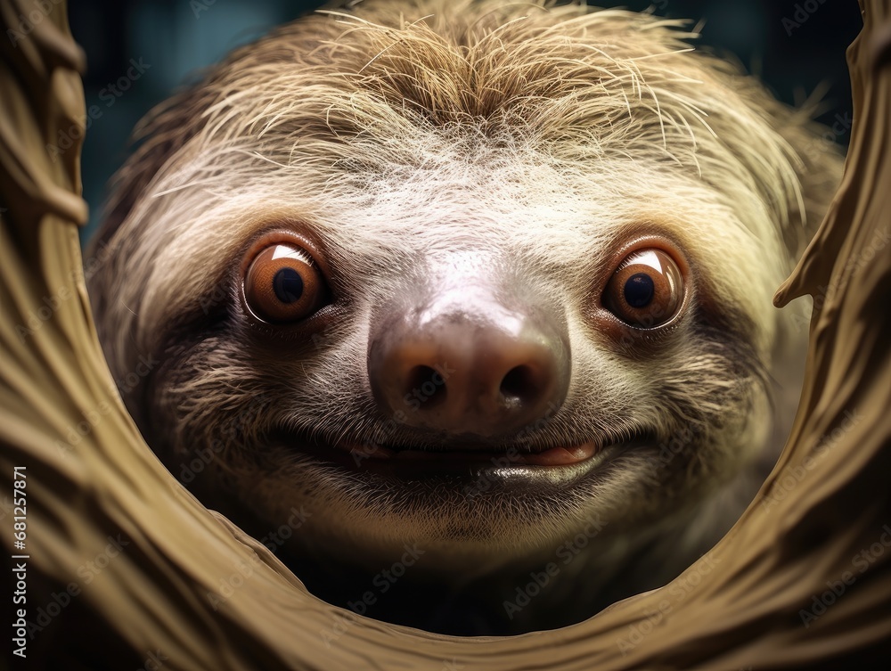 Fototapeta premium Close up portrait of a sloth. Detailed image of the muzzle. A wild animal in its natural habitat is looking at something. Curious look. Illustration with distorted fisheye effect for design.