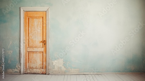 The dilapidated wall of the building and the wooden door require major repairs. Facade of a house with damaged plaster. Photophone for retro shooting. Illustration for cover, card, interior design.