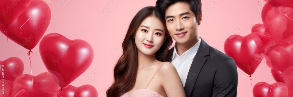 Asian couple with heart balloons on Valentine's Day poster with copy space. Asian couple with heart balloons on Valentine's Day poster with copy space.