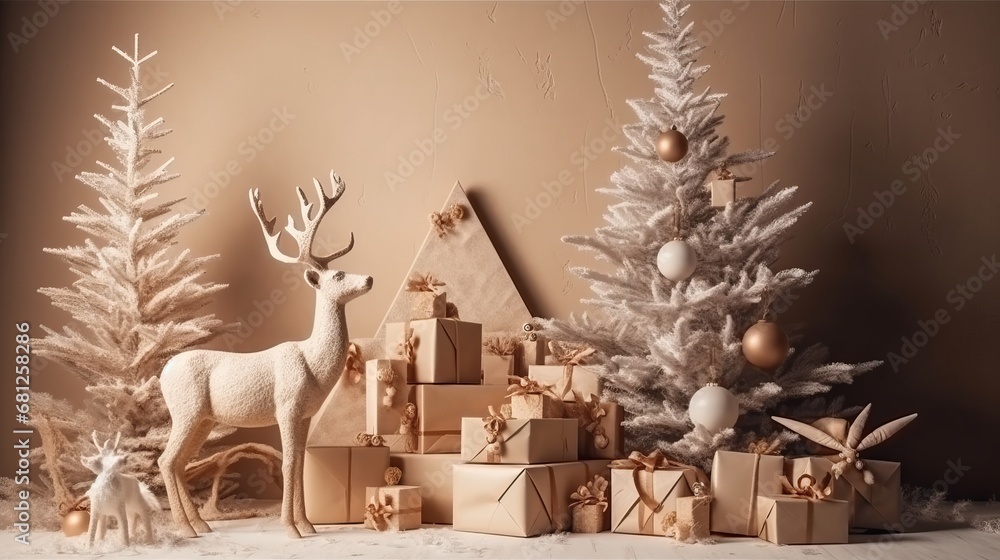Beautiful Christmas tree with gift boxes and wooden reindeer near beige wall. decorations, xmas, celebrate new year happy festival, party, gift, present, card, happiness, countdown, gift box. holiday. - obrazy, fototapety, plakaty 