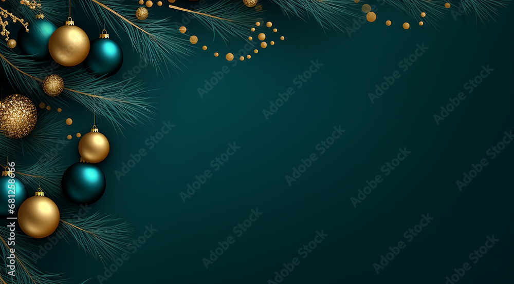 Christmas background with Christmas tree branches and gold ornaments, green background Christmas background with Christmas tree branches and gold ornaments, green background