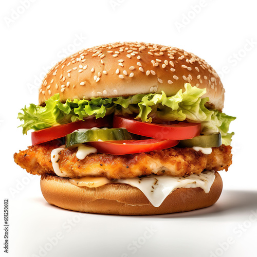 delicious towering burger on a white background