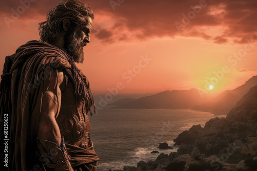 Depiction of Odysseus, the legendary Greek hero, bathed in the golden hues of a seaside sunset. Image evokes the themes of homecoming, perseverance, and the enduring legacy of a mythical hero. photo