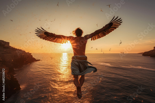 Depiction of Icarus's daring flight from Ikaria in Ancient Greece, soaring above the sea towards the sun. The image showcases the essence of ambition, courage, and the caution of reaching too high. photo