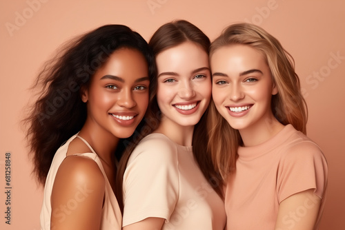 Happy cool fashionable gen z girls in casual clothes, beauty portrait. Three smiling diverse young women, multicultural ladies models face ties isolated on beige background