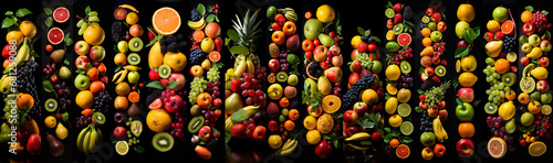 Ultra-wide collage of vibrant and succulent fruits  creating a visually stunning tableau that celebrates the diversity of nature s bounty  offering a feast for the eyes