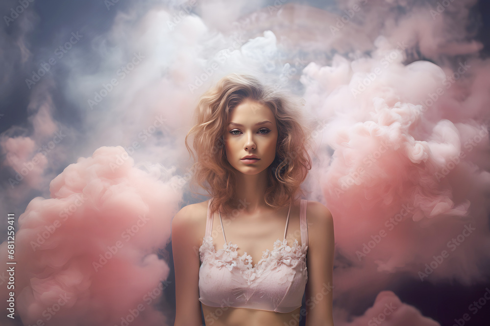 Portrait of beautiful young blonde woman in a pastel white lingerie with long curly hair posing on background of clouds. Natural beauty, fashion concept. Dramatic sky, pink smoke.
