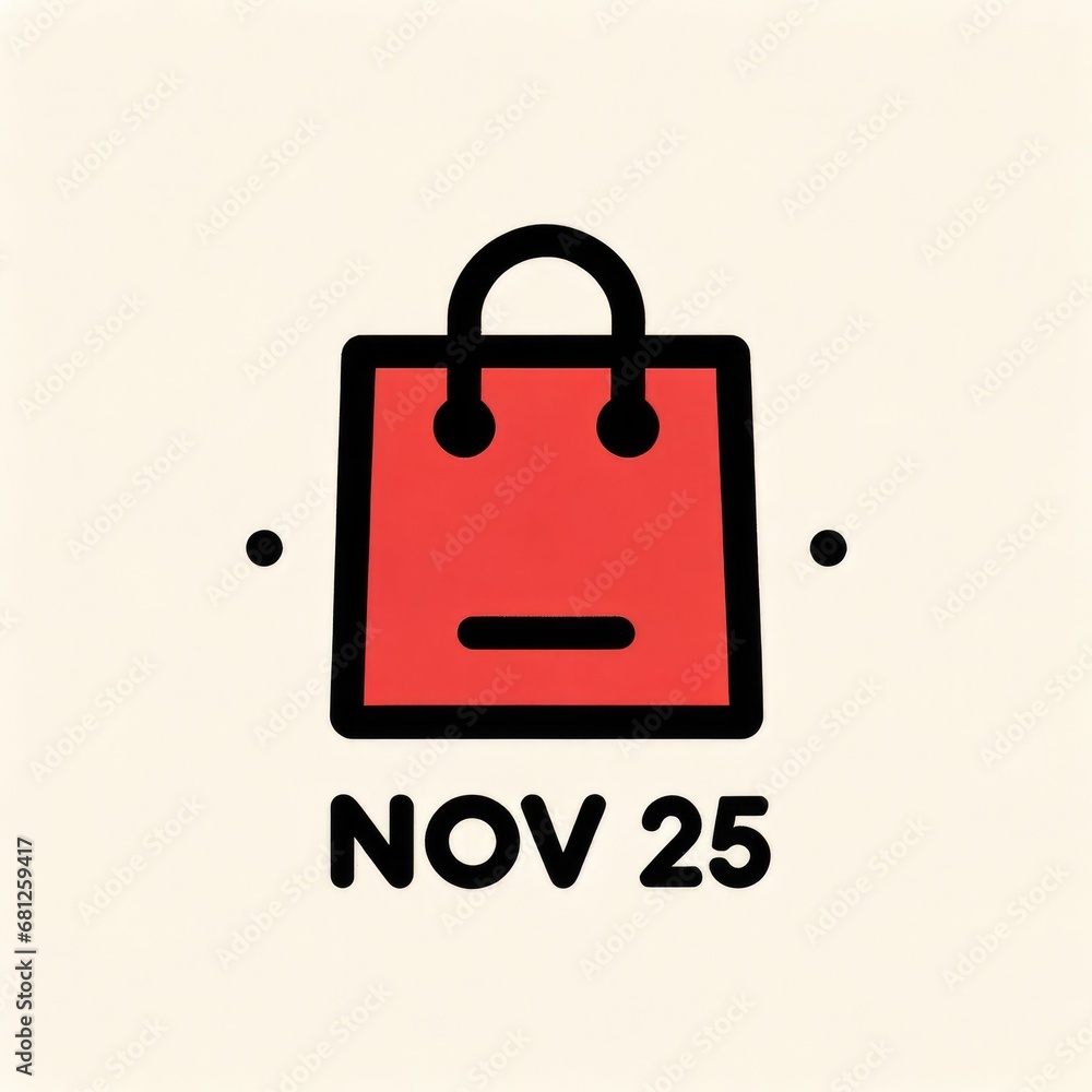 A red shopping bag with the words Nov 25 A red shopping bag with the words Nov 25