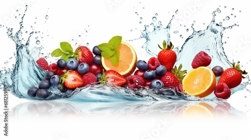 Water swirl wave splash with falling mix berries and fresh fruits isolated on white background, Tropical juice or cocktail drinks, summer beverage concept.
