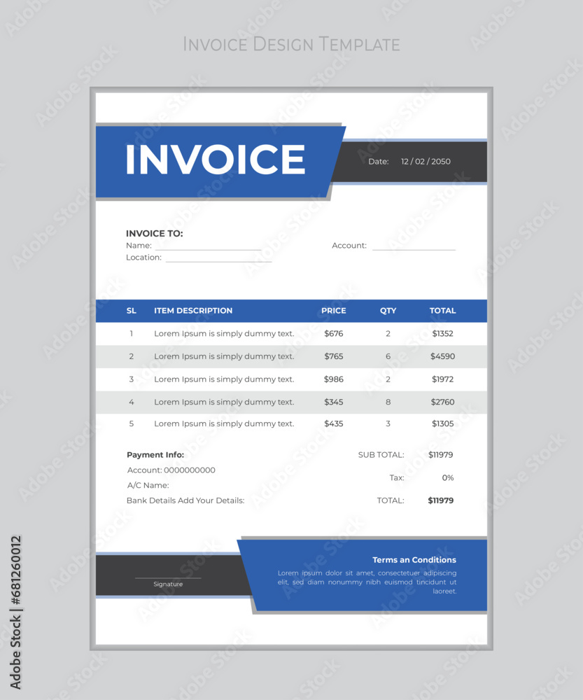 Minimal invoice form template vector design.