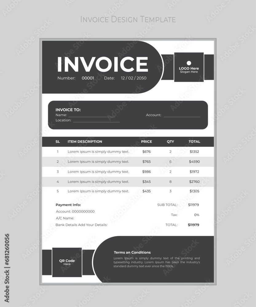 Business invoice form template. Invoicing quotes, money bills or price invoices, and payment agreement design templates. Tax form, bill graphic, or payment receipt page vector.