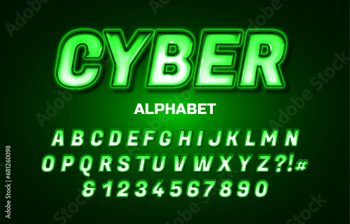 Cyber font alphabet text effect template, green neon style typography, premium vector