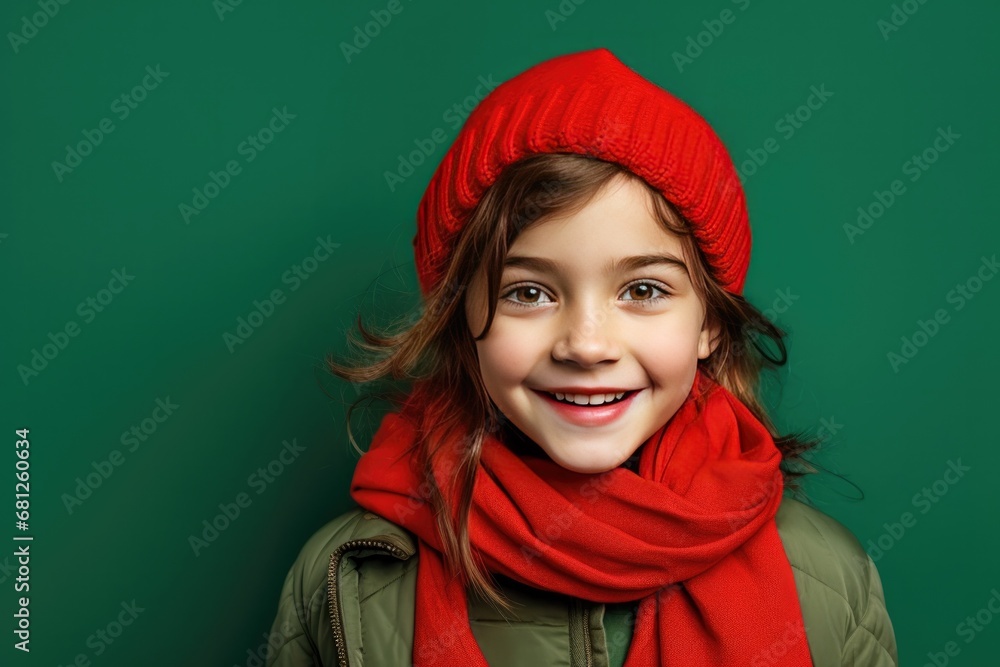 Happy Cute Girl Wearing a Red Scarf and Hat on a Green Background with Space for Copy Happy Cute Girl Wearing a Red Scarf and Hat on a Green Background with Space for Copy