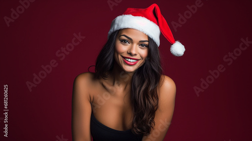 A beautiful Latina woman in a Santa hat