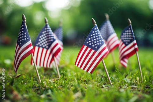 american flags laying on green grass in august Generative Ai