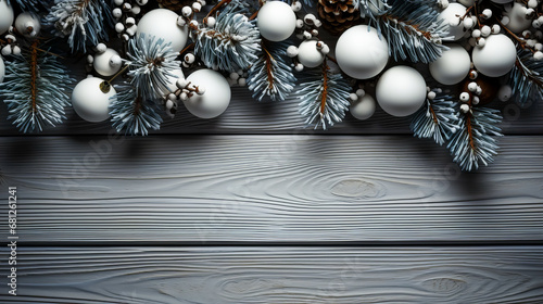 Christmas background with white baubles and fir branches on white wooden background. Generative AI technology.