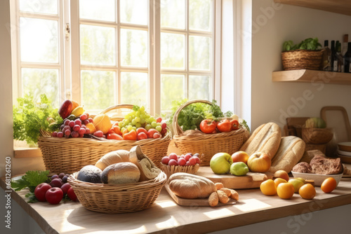 Fresh bread  fresh vegetables and fresh fruit sit on the kitchen table by the window  bathed in the crisp morning light. Concept suitable for breakfast and meals  healthy food and ingredients