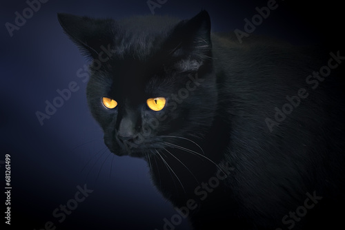 Black Cat Portrait on a blue background