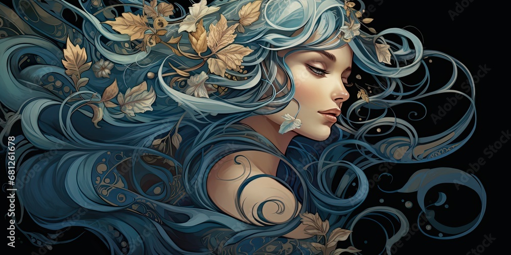 illustration of a beautiful woman with blue hair, in the style of nature-inspired art nouveau, dark gray and light brown, generative AI