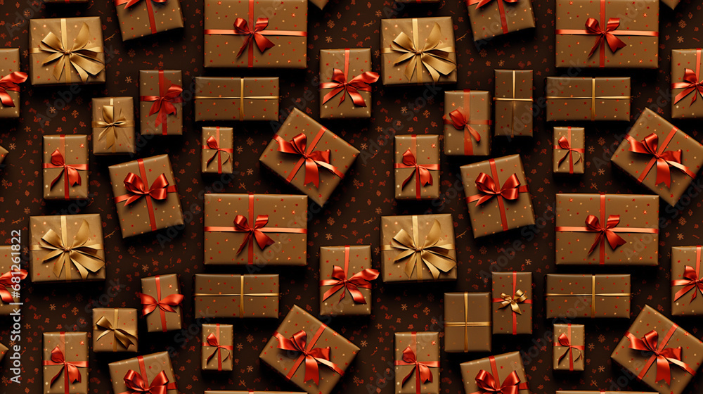 background photograph full of gifts wrapped in gold paper with red bows