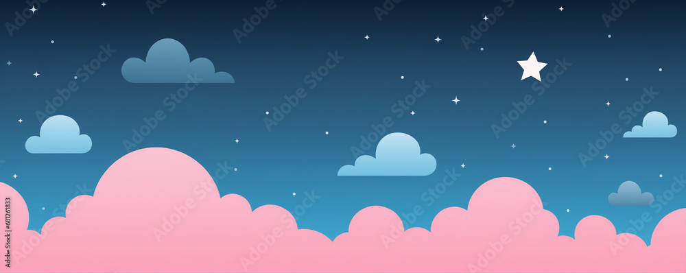 Sunset or sunrise sky. Magic night sky with pink and purple clouds. Beautiful nature concept. Design for textile, fabric, paper, print, banner Sunset or sunrise sky. Magic night sky with pink and purple clouds. Beautiful nature concept. Design for textile, fabric, paper, print, banner