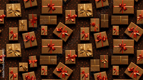 background photograph full of gifts wrapped in gold paper with red bows