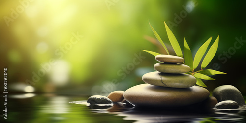 Zen stones and water in a peaceful green garden, relaxation time, wellness and harmony, massage and bodycare, spa and wellness concept photo