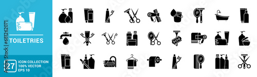 Collection of toiletries icon, toothbrush, toothpaste, shampoo, conditioner, cream, editable and resizable EPS 10