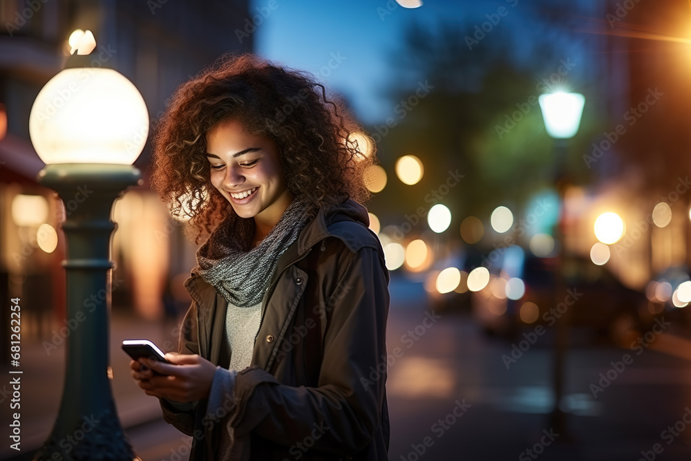 smiling woman with mobile phone in a street illuminated by street lamps with AI-produced copy space smiling woman with mobile phone in a street illuminated by street lamps with AI-produced copy space