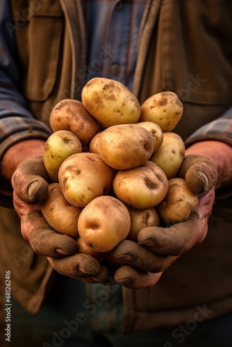 Farmers hand holding a freshly harvested potatoes