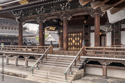 Stairway to the entrance of the great Higashi Honganji temple in Kyoto, Japan.
Very elaborate wood construction details in this famous Buddhist temple.
 photo