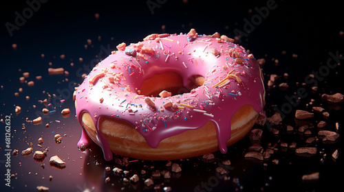 Gâteau de pâtissier, donut rose avec sucreries colorées, beignet. Pâtisserie, boulangerie, dessert, nourriture. Pour conception et création graphique. photo
