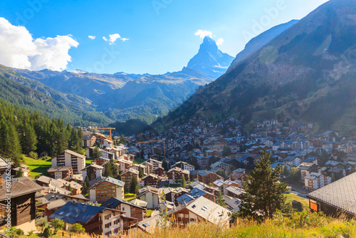 View of Zermatt town and Matterhorn mountain in the Valais canton, Switzerland