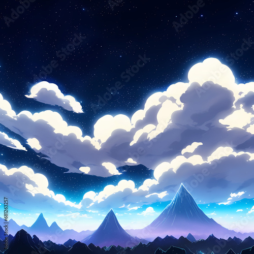Dramatic Clouds Pattern on a mountain Hill Anime Background Illustration Landscape Night Scene © sadicreative